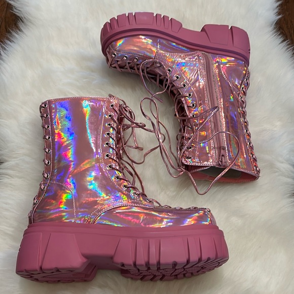 Dolls Kill Shoes - Club exx brand new dark pink iridescent platform lace up boots 10